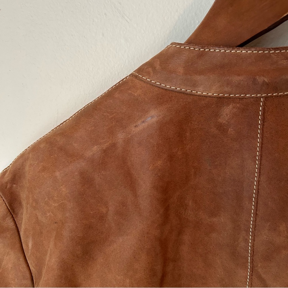 Roots Tan Brown Nubuck Leather Moto Jacket Tab Collar Zip Up - Sz 6 - Picture 14 of 16